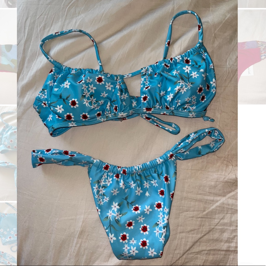 Blue Bikini With White And Red Flowers